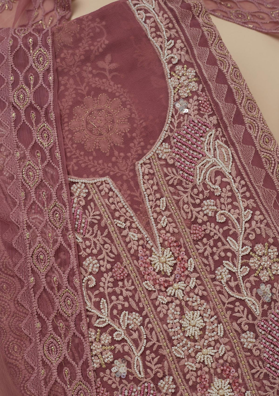 Onion Pink Chikankari Georgette Unstitched Salwar Suit-Koskii