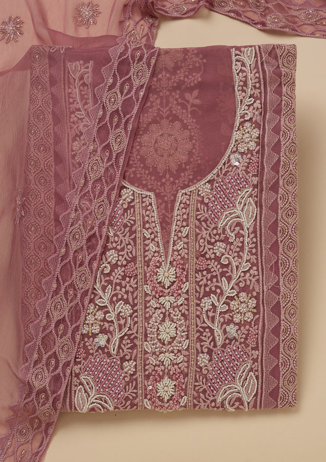 Onion Pink Chikankari Georgette Unstitched Salwar Suit-Koskii