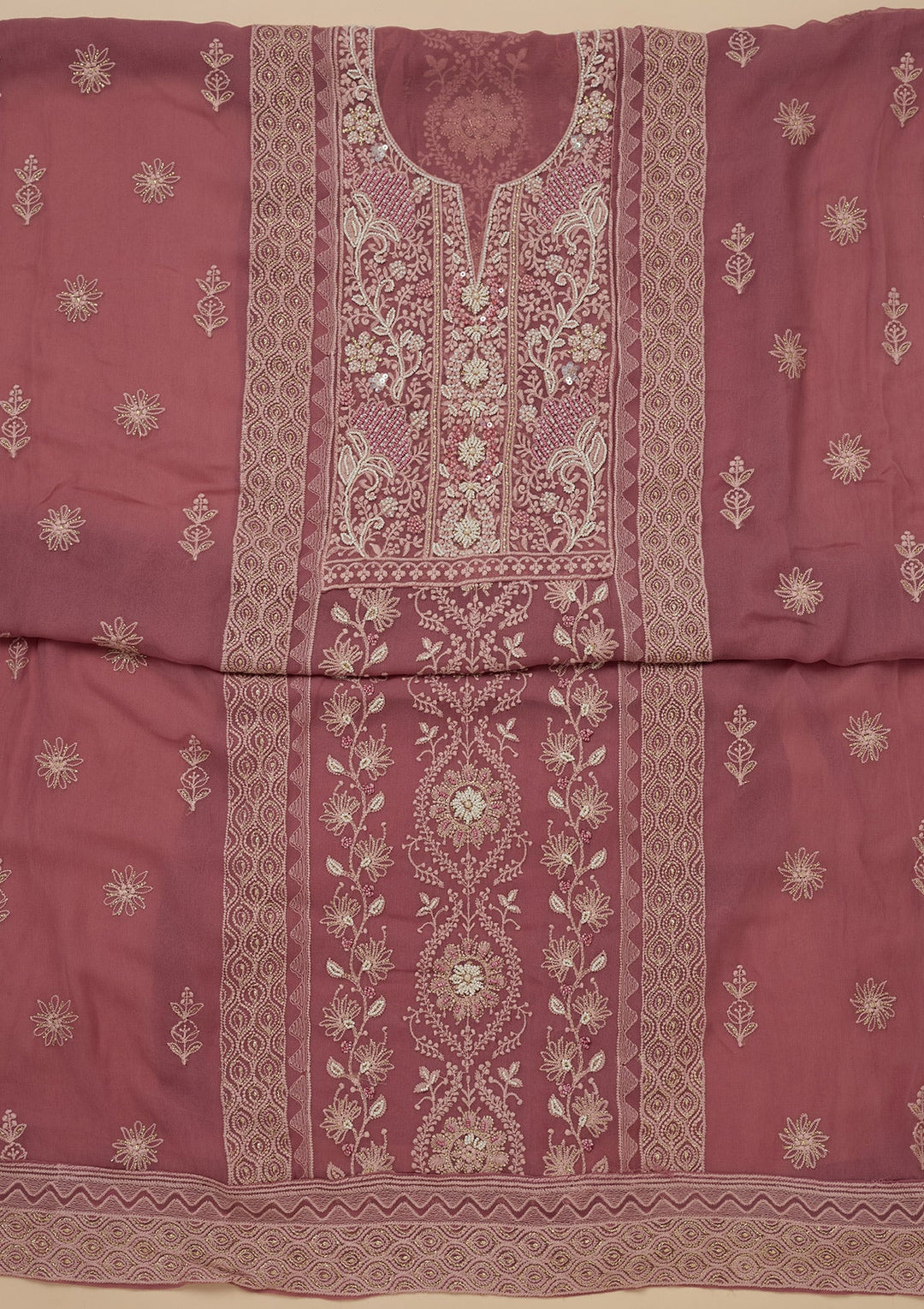 Onion Pink Chikankari Georgette Unstitched Salwar Suit-Koskii