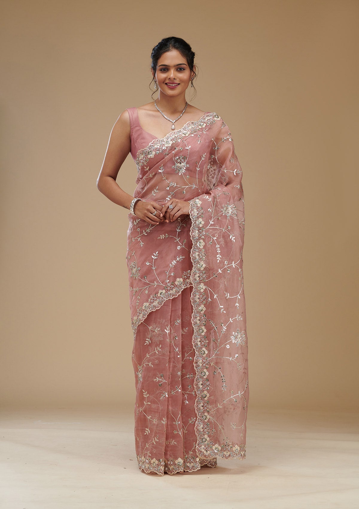 Peach Cutdana Chiffon Saree-Koskii