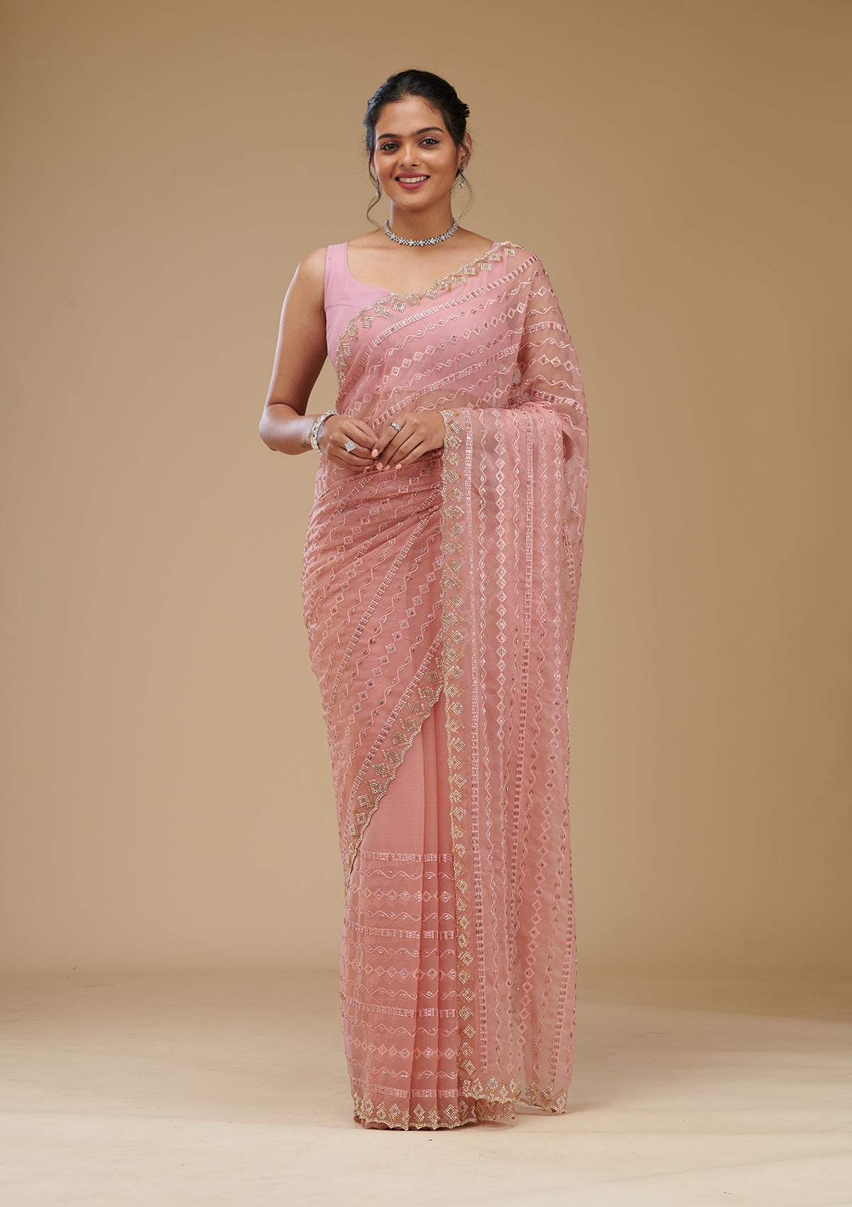 Peach Cutdana Chiffon Saree-Koskii