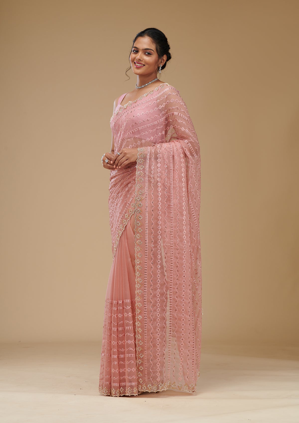 Peach Cutdana Chiffon Saree-Koskii