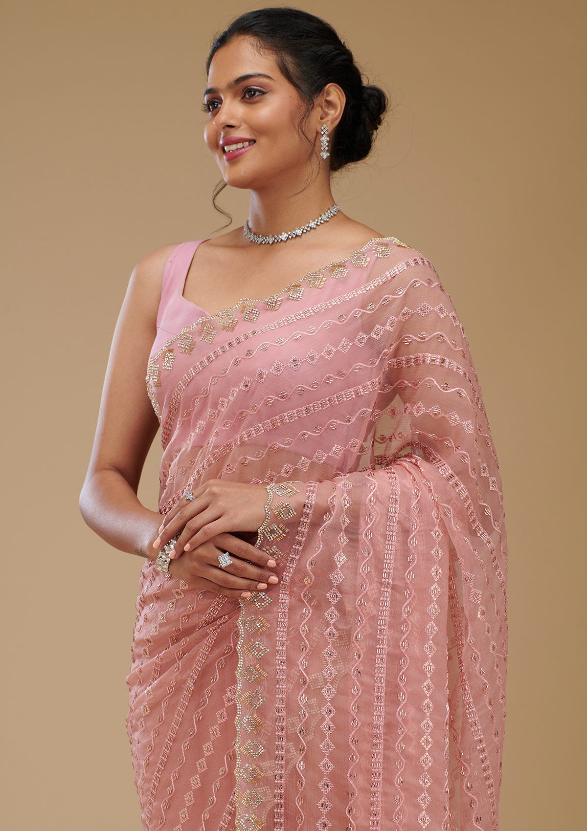 Peach Cutdana Chiffon Saree-Koskii