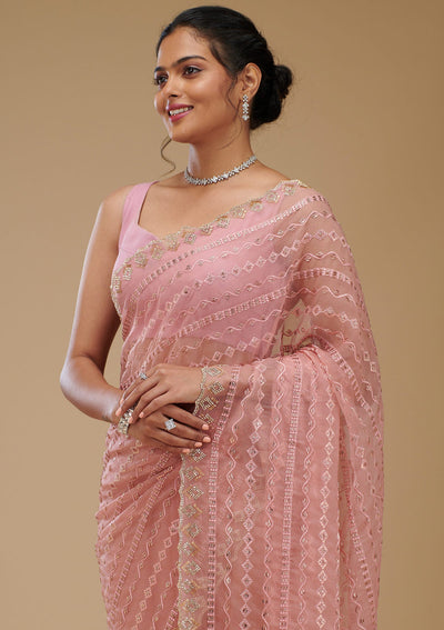 Peach Cutdana Chiffon Saree-Koskii