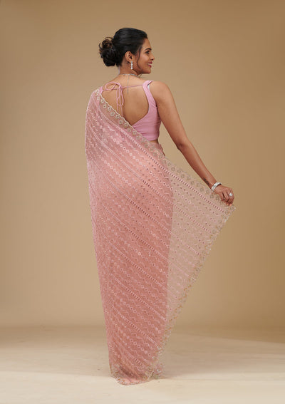 Peach Cutdana Chiffon Saree-Koskii