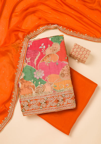 Peach Cutdana Crepe Unstitched Salwar Suit-Koskii