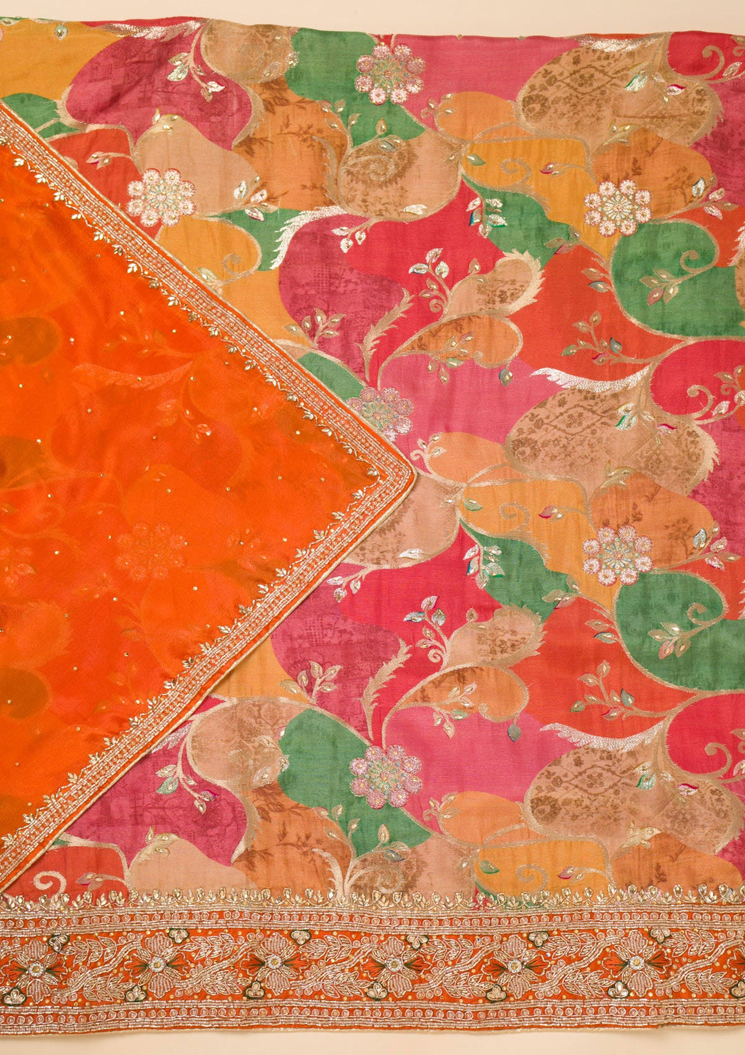 Peach Cutdana Crepe Unstitched Salwar Suit-Koskii