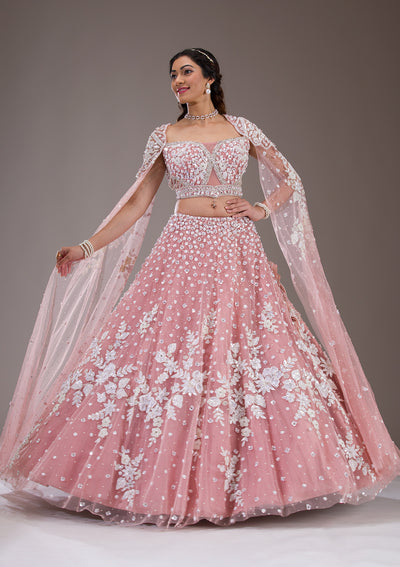 Peach Cutdana Net Readymade Lehenga