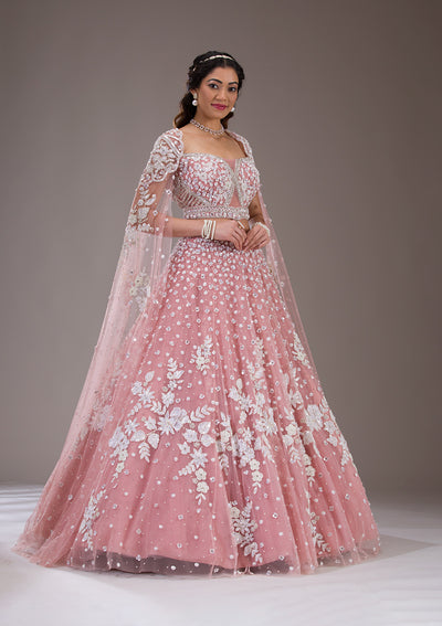 Peach Cutdana Net Readymade Lehenga