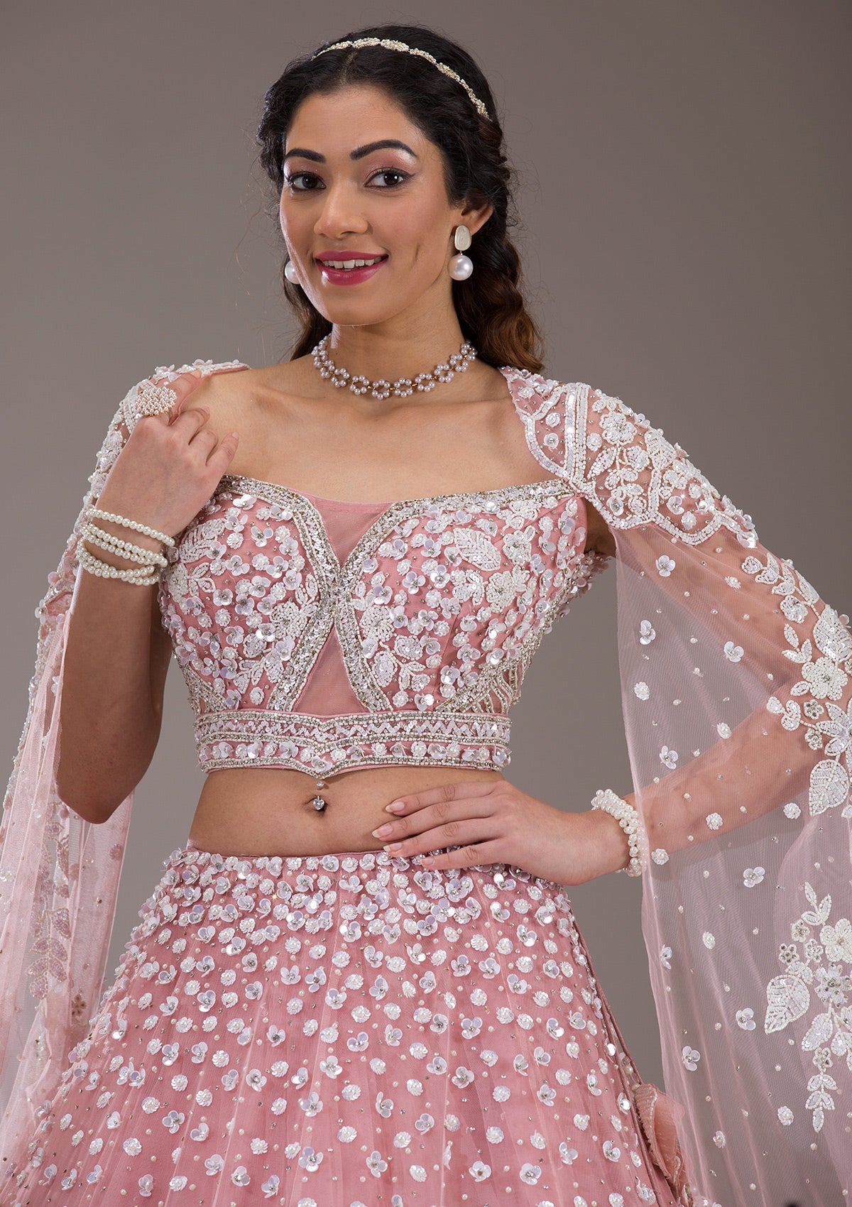 Peach Cutdana Net Readymade Lehenga