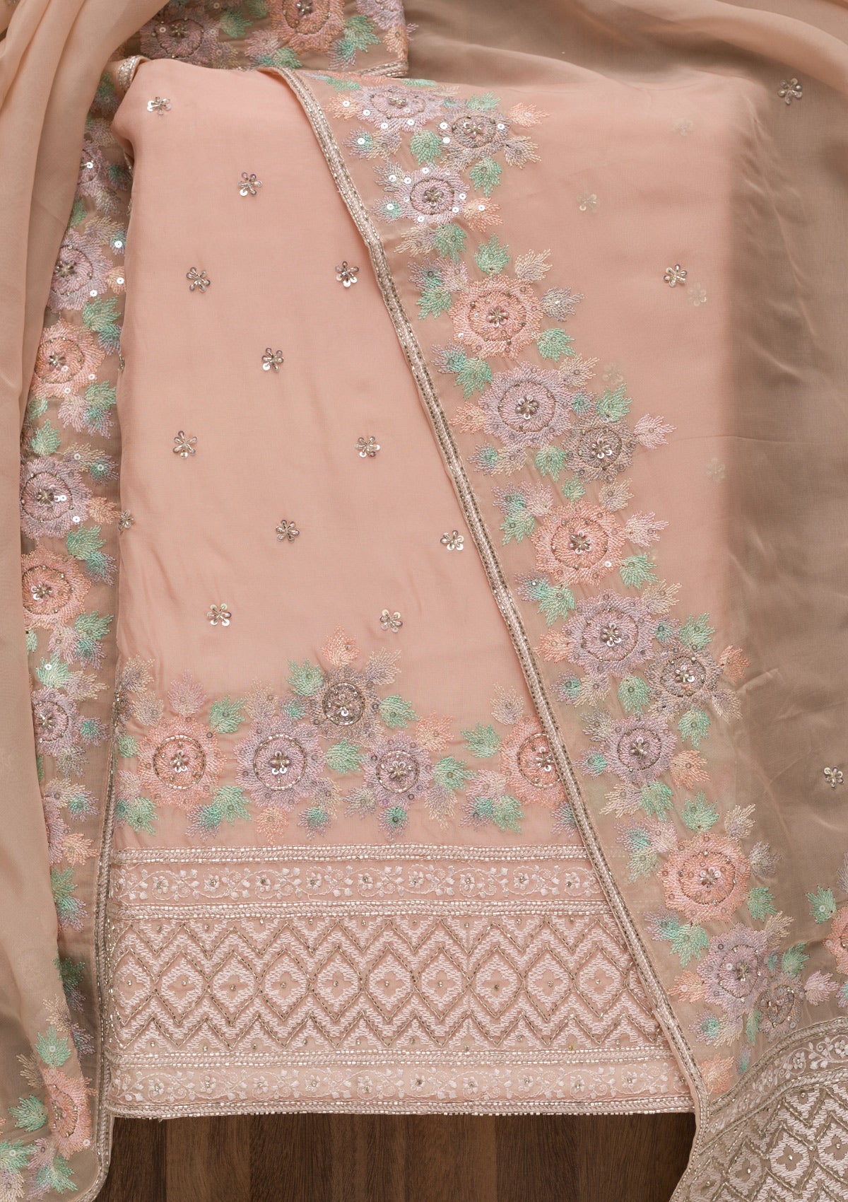 Peach Cutdana Tissue Unstitched Salwar Suit-Koskii