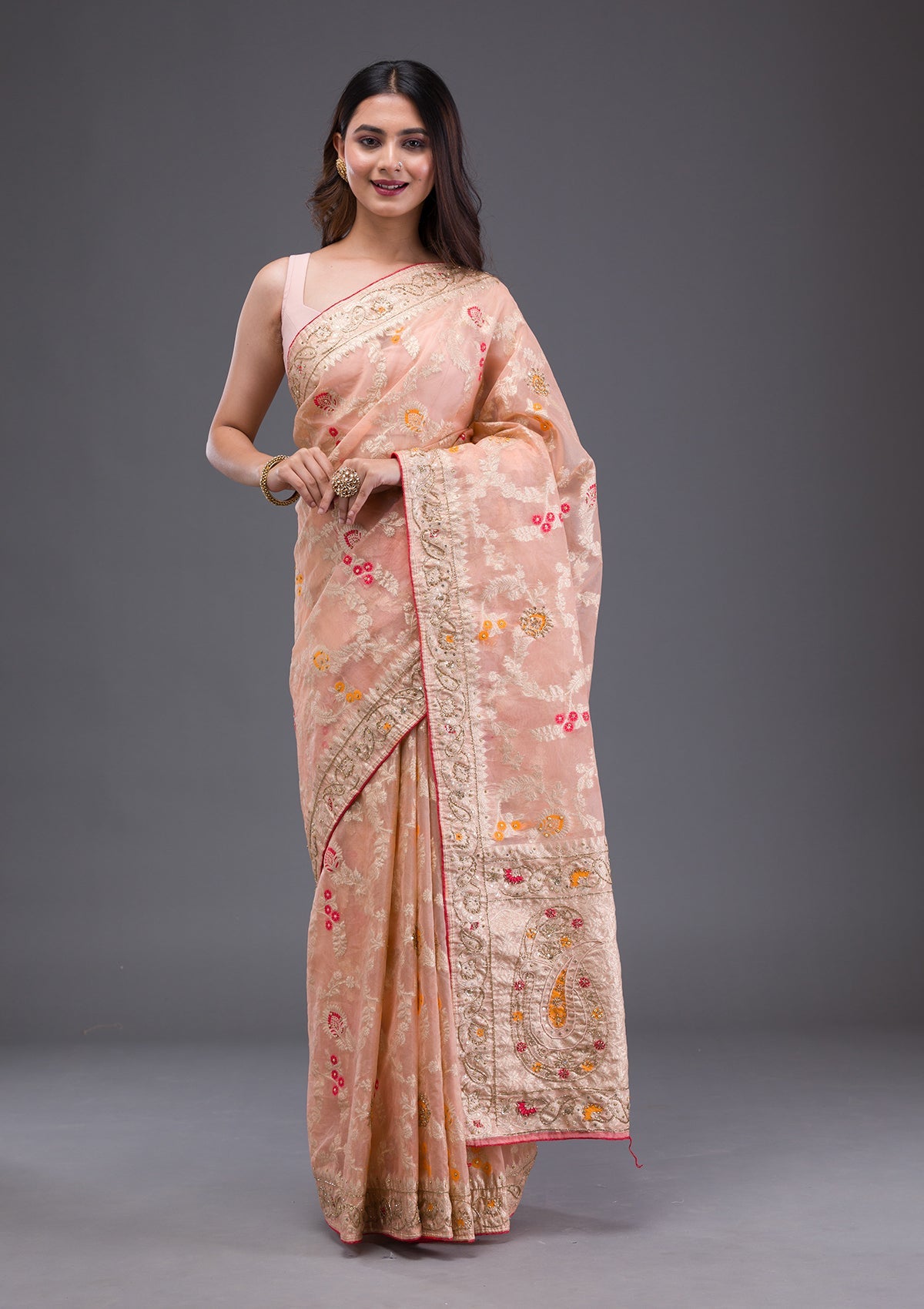 Baby Pink Sequins Georgette Designer Saree-Koskii