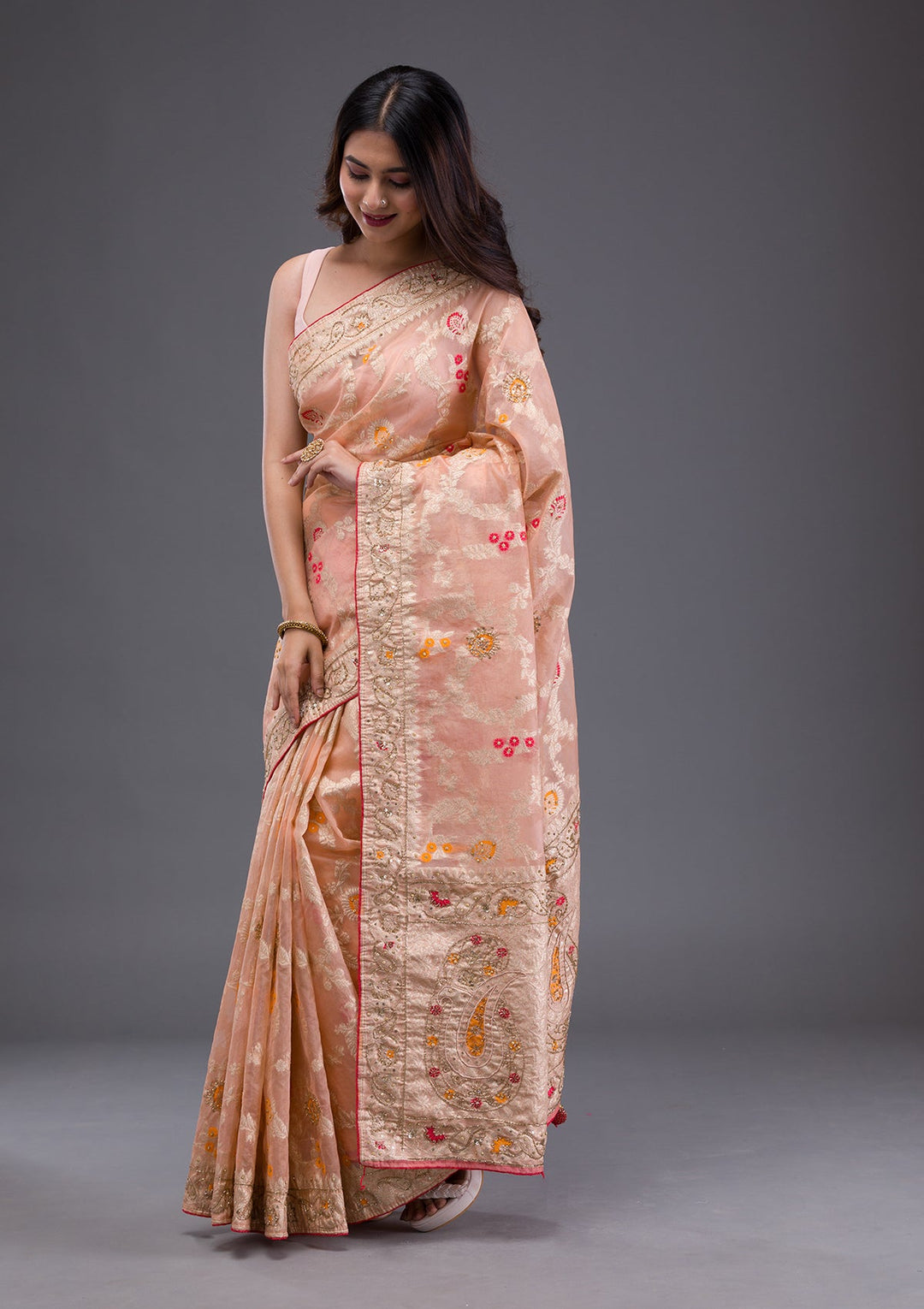 Baby Pink Sequins Georgette Designer Saree-Koskii