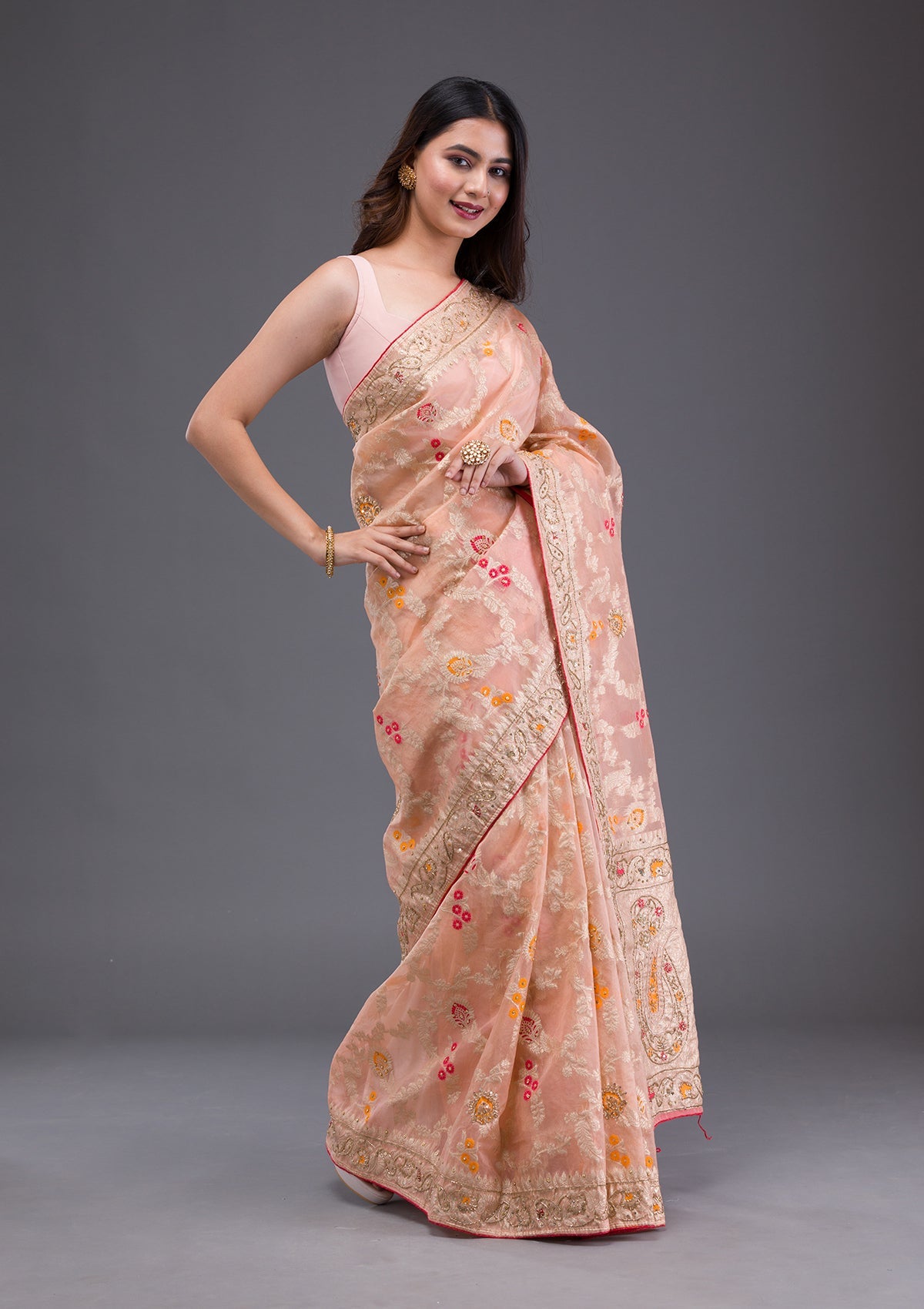 Baby Pink Sequins Georgette Designer Saree-Koskii