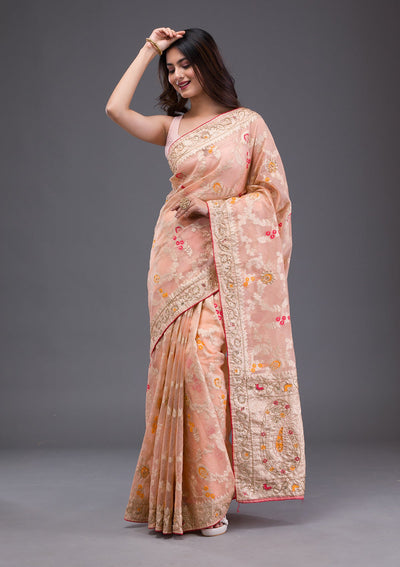 Rust Swarovski Semi Crepe Designer Saree-Koskii