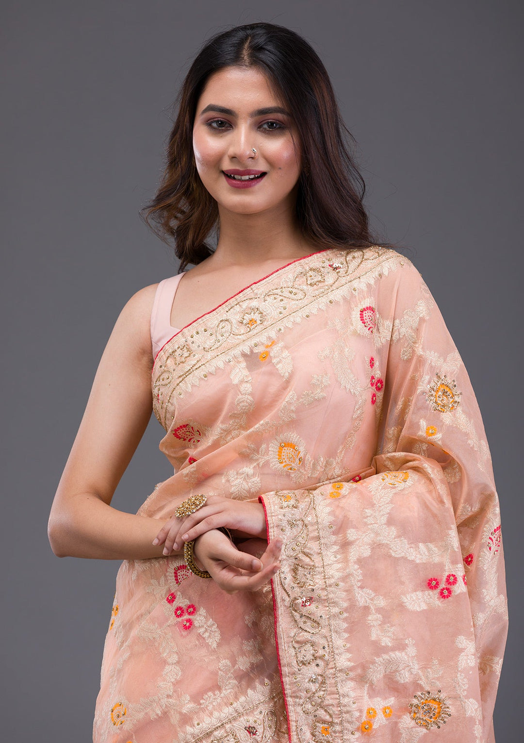 Rust Swarovski Semi Crepe Designer Saree-Koskii
