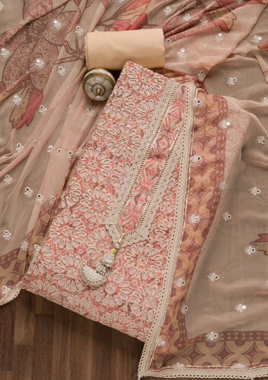 Peach Cutwork Cotton Unstitched Salwar Suit-Koskii