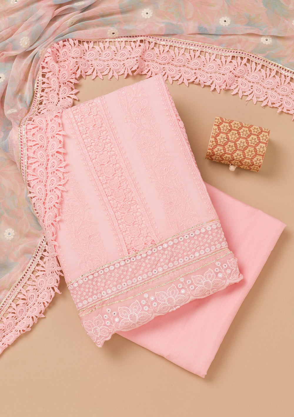 Peach Cutwork Georgette Unstitched Salwar Kameez-Koskii