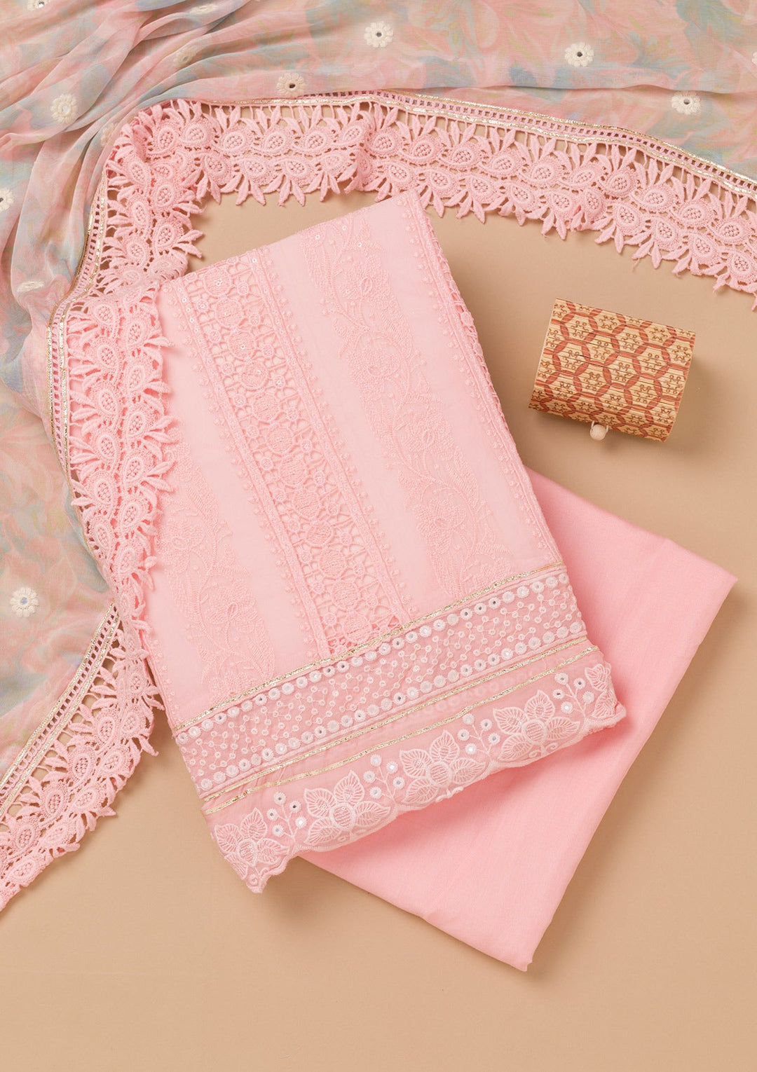 Peach Cutwork Georgette Unstitched Salwar Kameez-Koskii