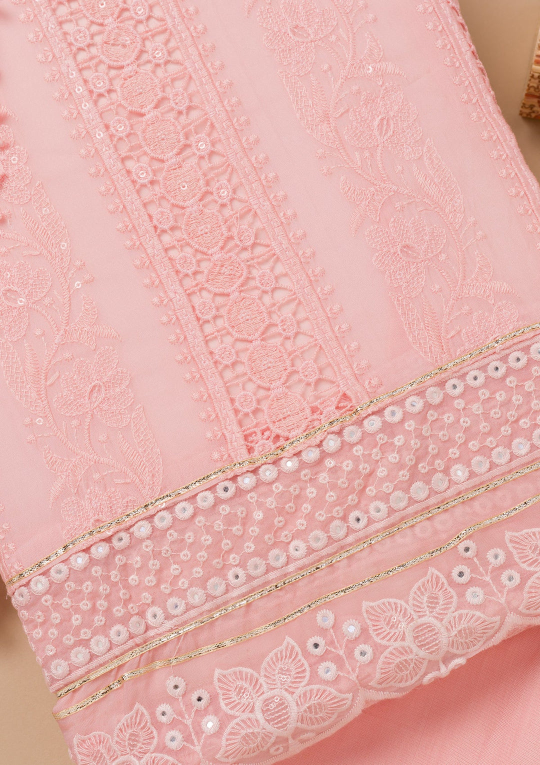 Peach Cutwork Georgette Unstitched Salwar Kameez-Koskii