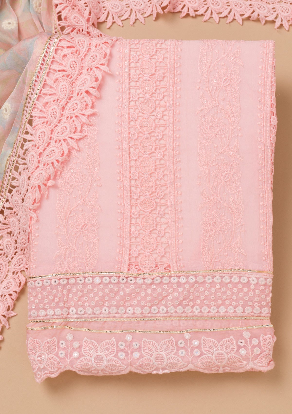 Peach Cutwork Georgette Unstitched Salwar Kameez-Koskii