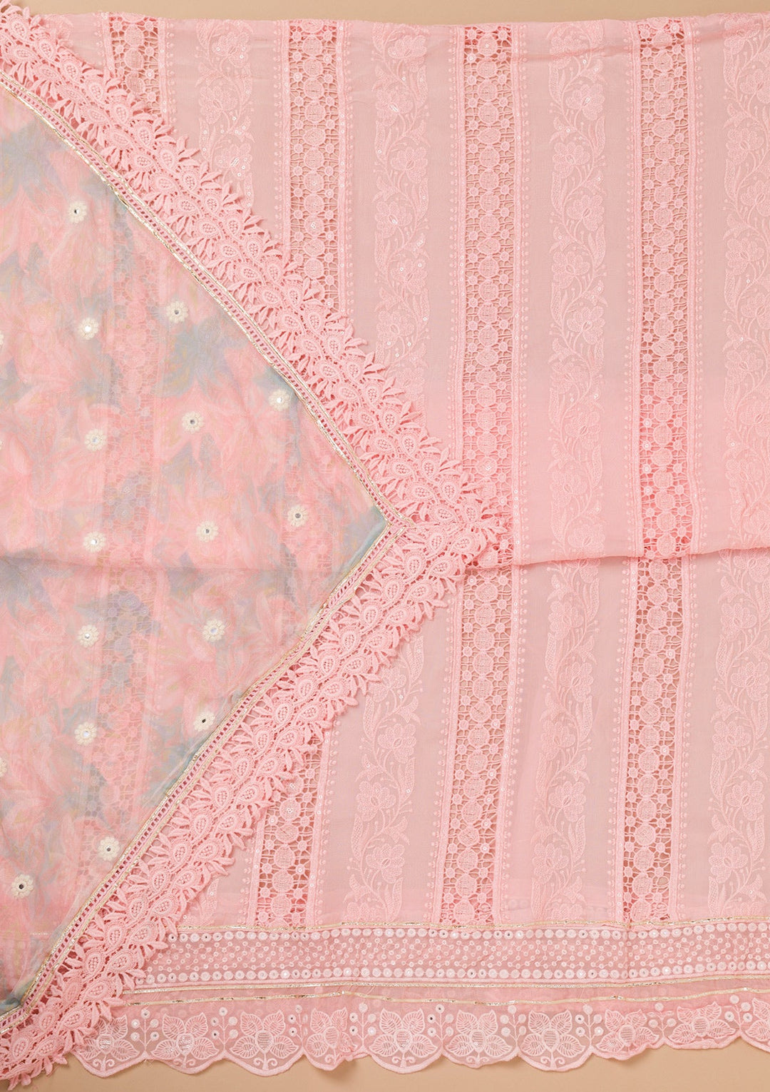 Peach Cutwork Georgette Unstitched Salwar Kameez-Koskii