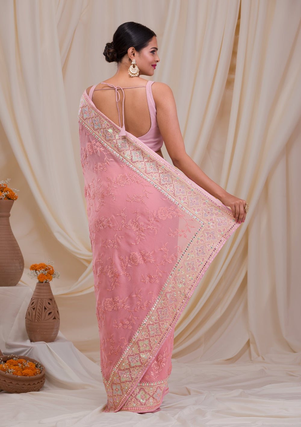 Peach Gotapatti Chiffon Saree-Koskii