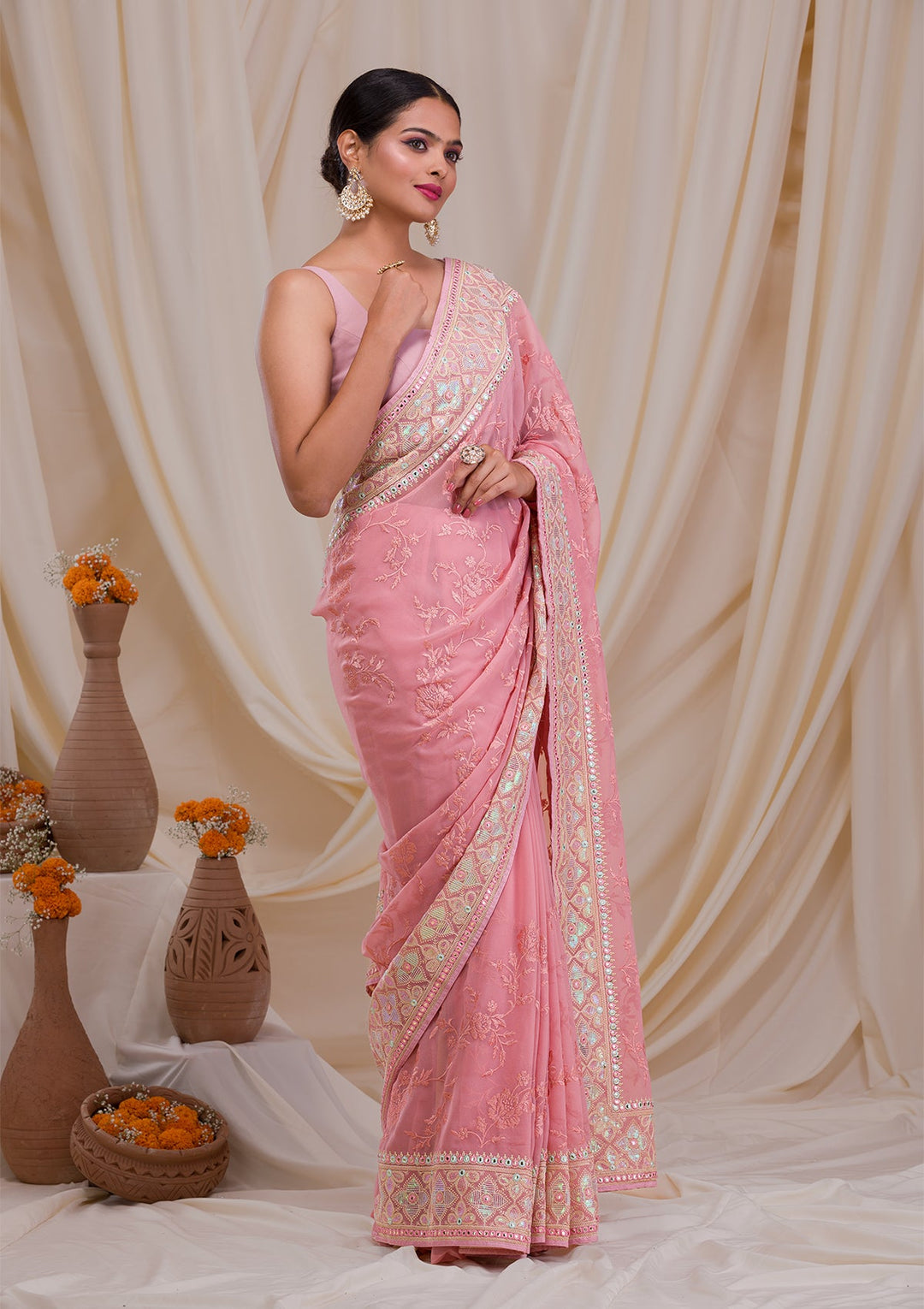 Peach Gotapatti Chiffon Saree-Koskii