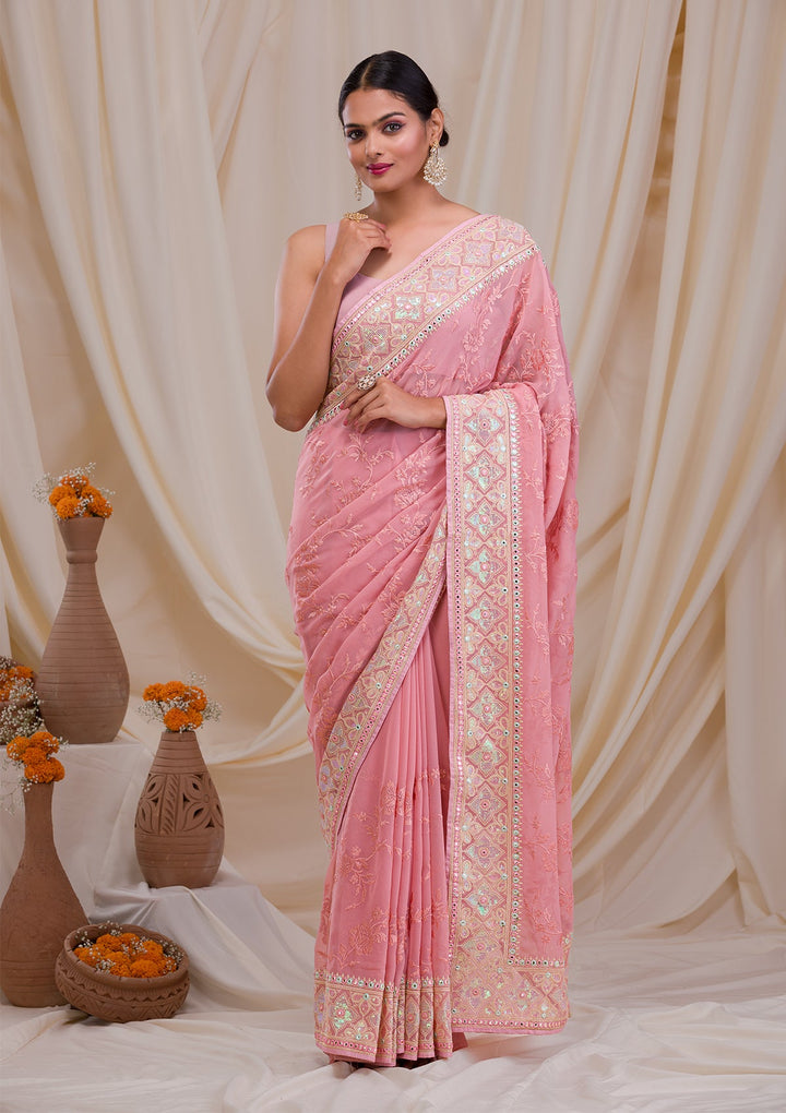 Peach Gotapatti Chiffon Saree-Koskii