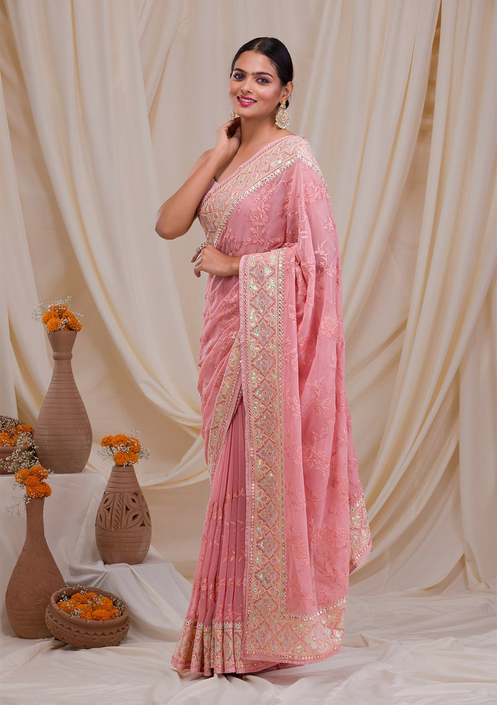 Peach Gotapatti Chiffon Saree-Koskii