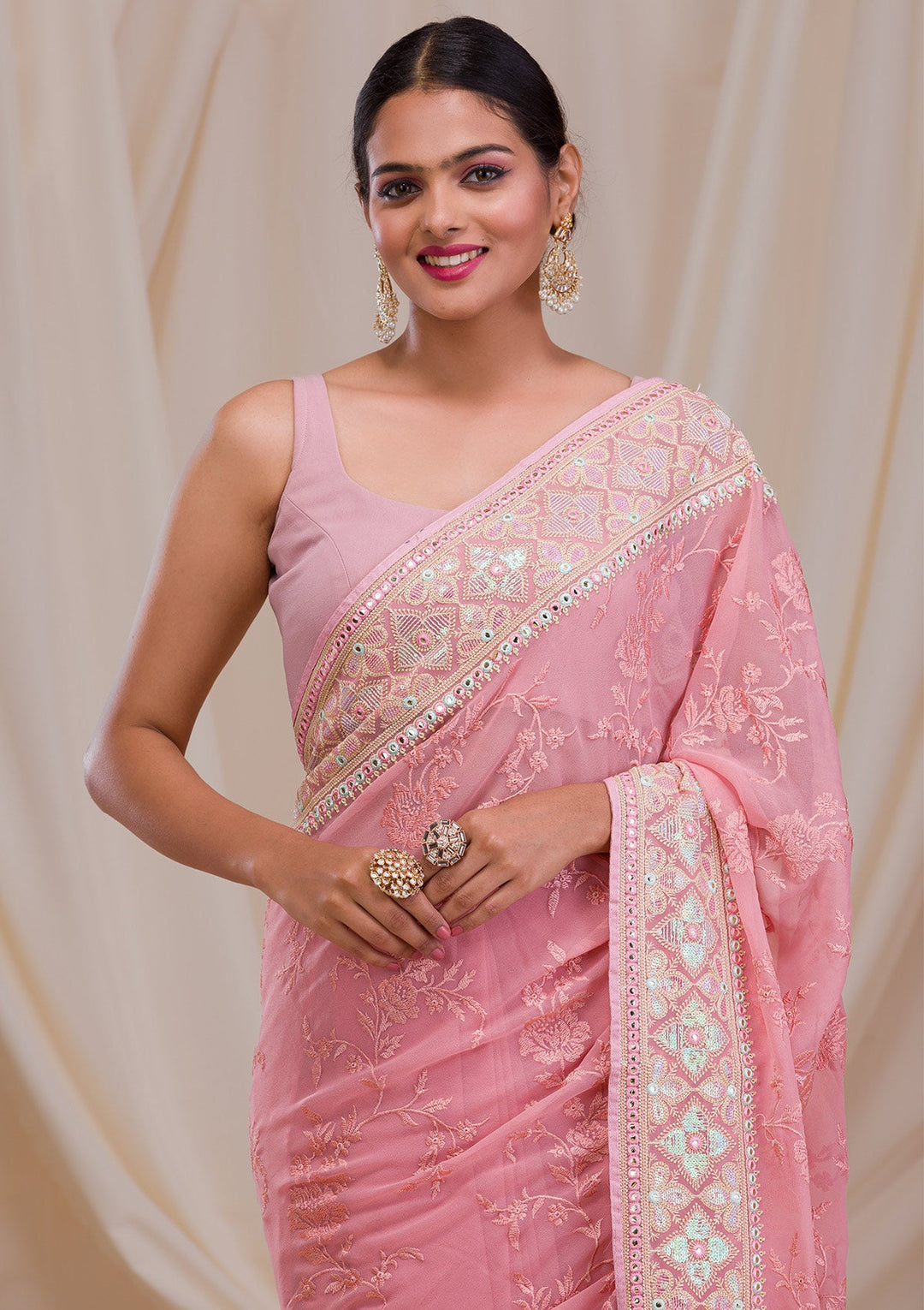 Peach Gotapatti Chiffon Saree-Koskii