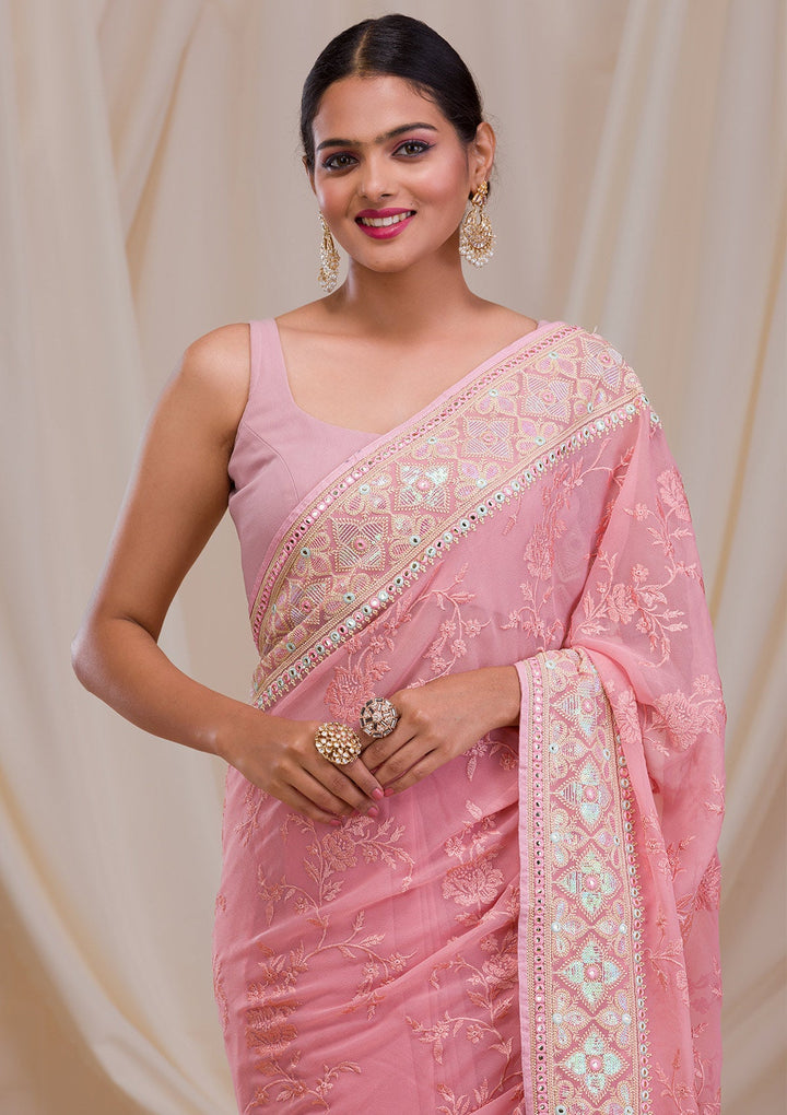 Peach Gotapatti Chiffon Saree-Koskii