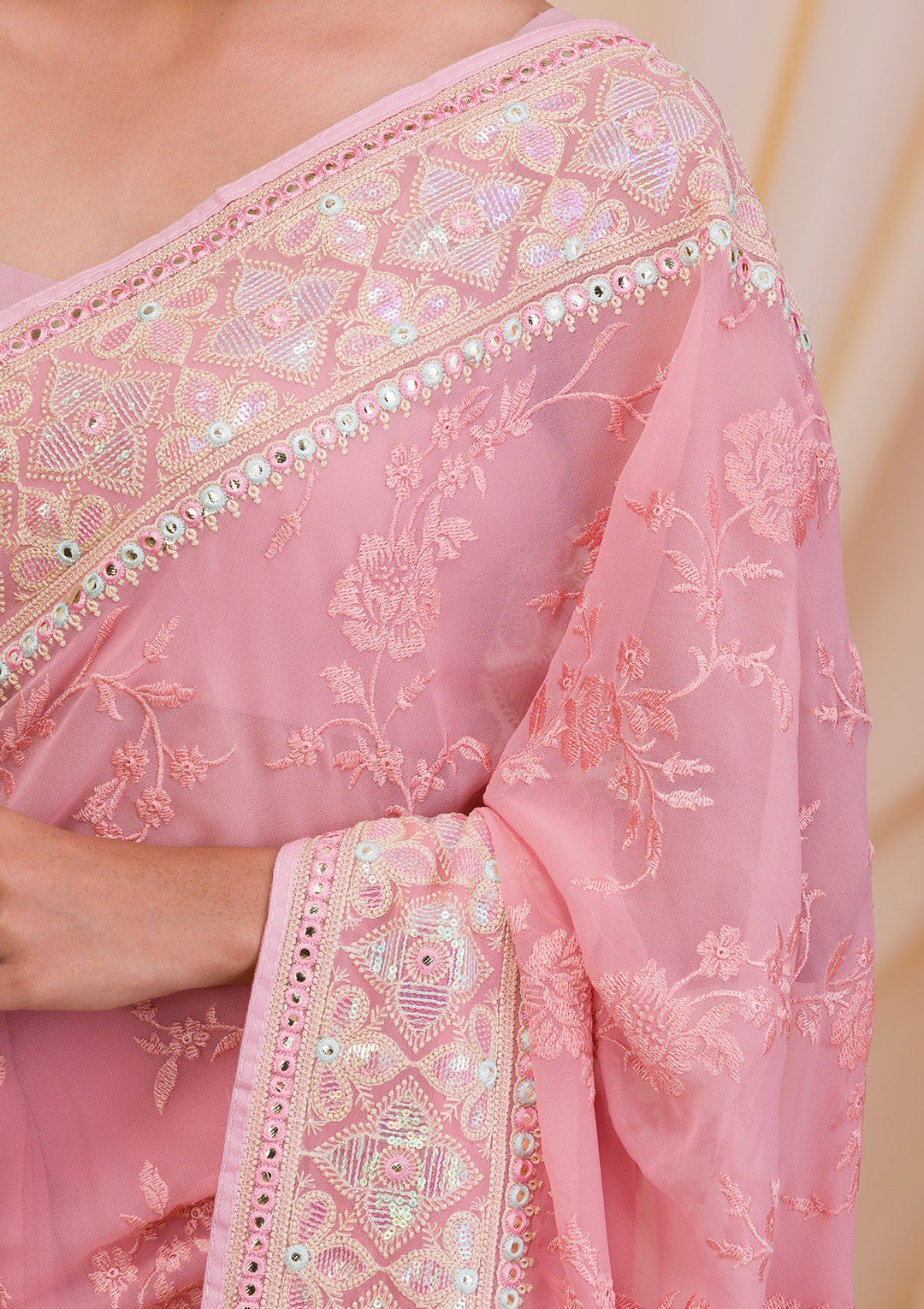 Peach Gotapatti Chiffon Saree-Koskii