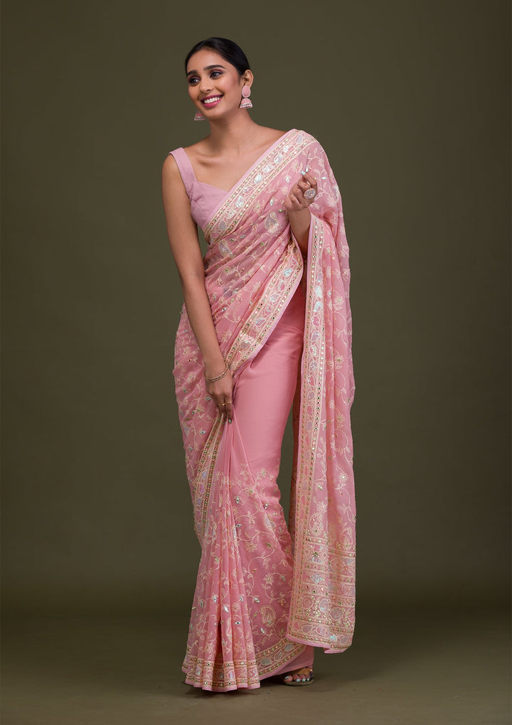 Peach Gotapatti Chiffon Saree-Koskii