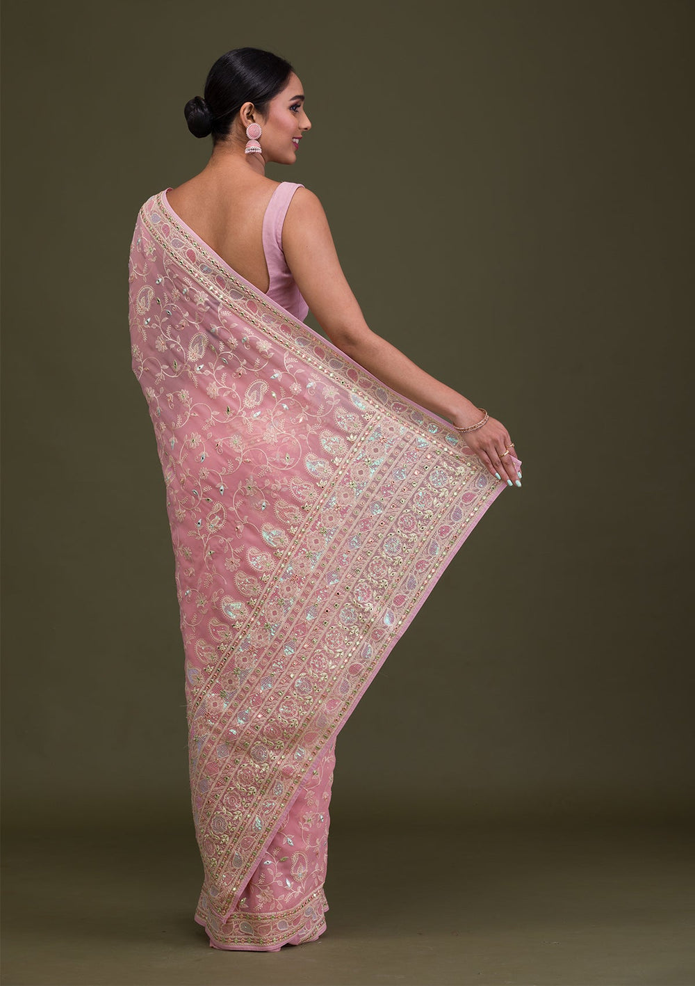 Peach Gotapatti Chiffon Saree-Koskii