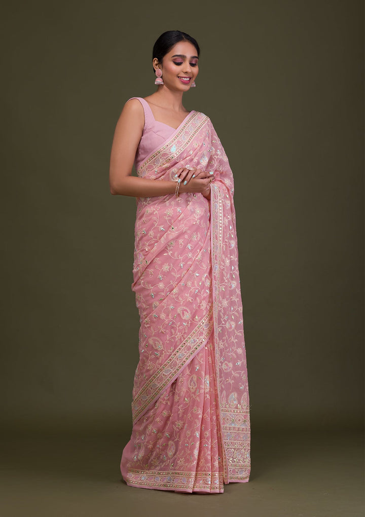 Peach Gotapatti Chiffon Saree-Koskii
