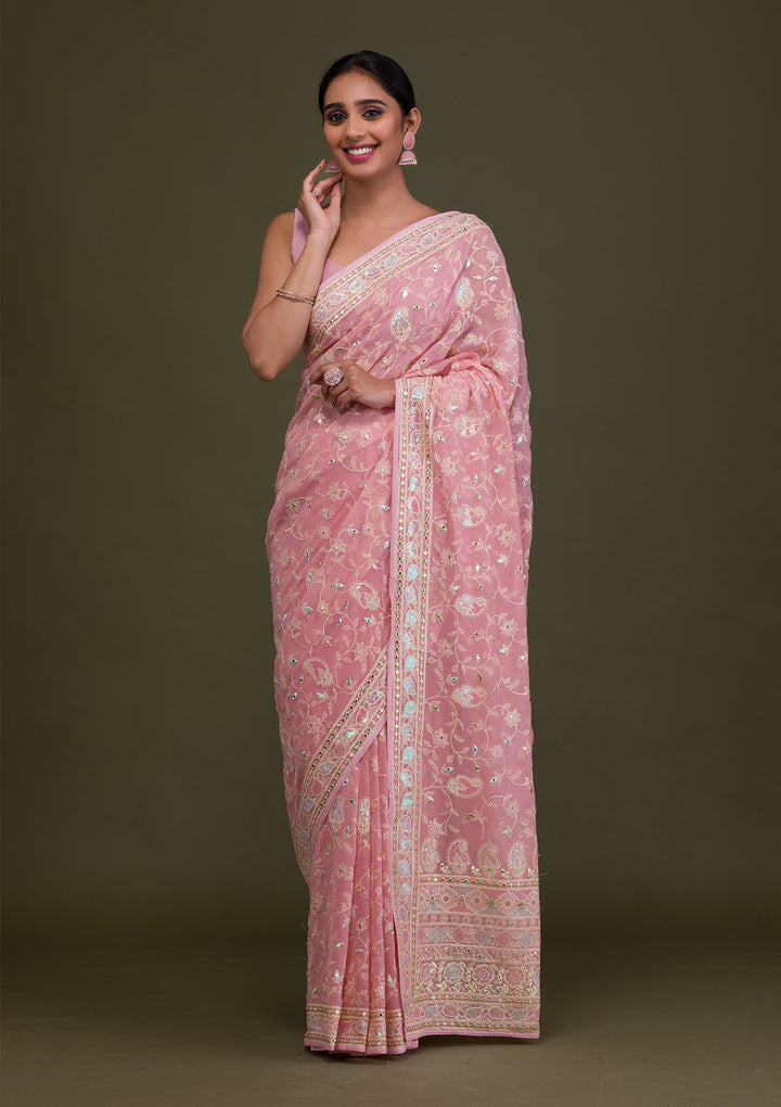 Peach Gotapatti Chiffon Saree-Koskii