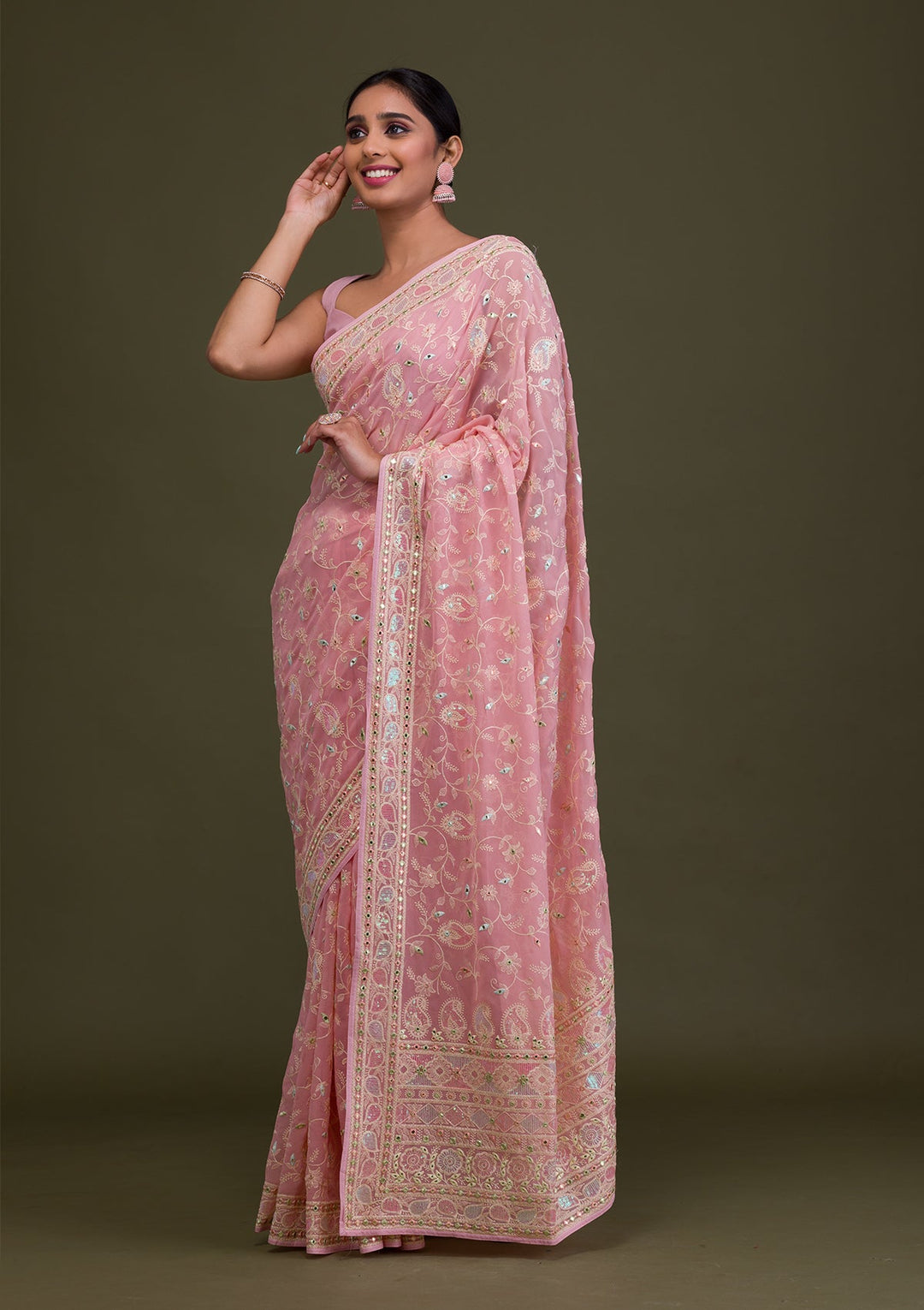 Peach Gotapatti Chiffon Saree-Koskii
