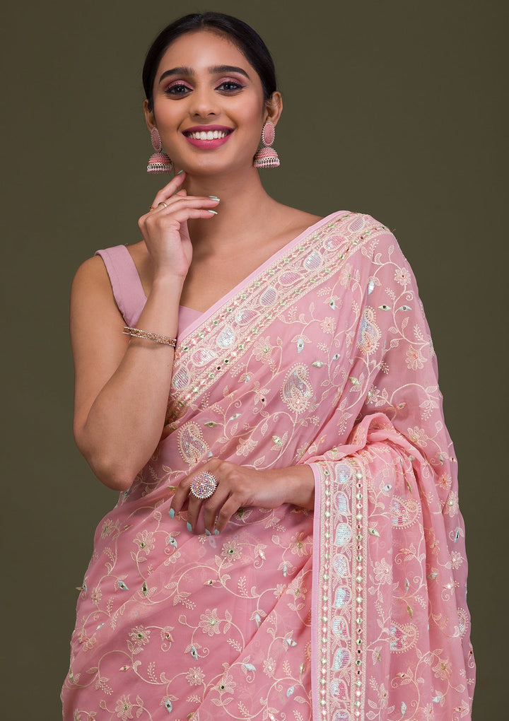 Peach Gotapatti Chiffon Saree-Koskii