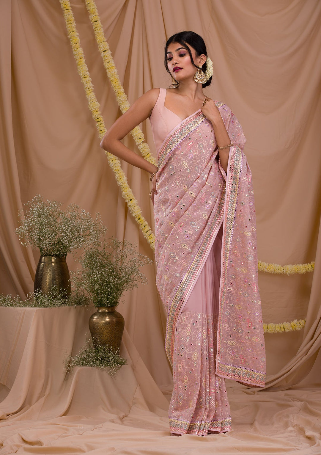Peach Gotapatti Geogette Saree-Koskii