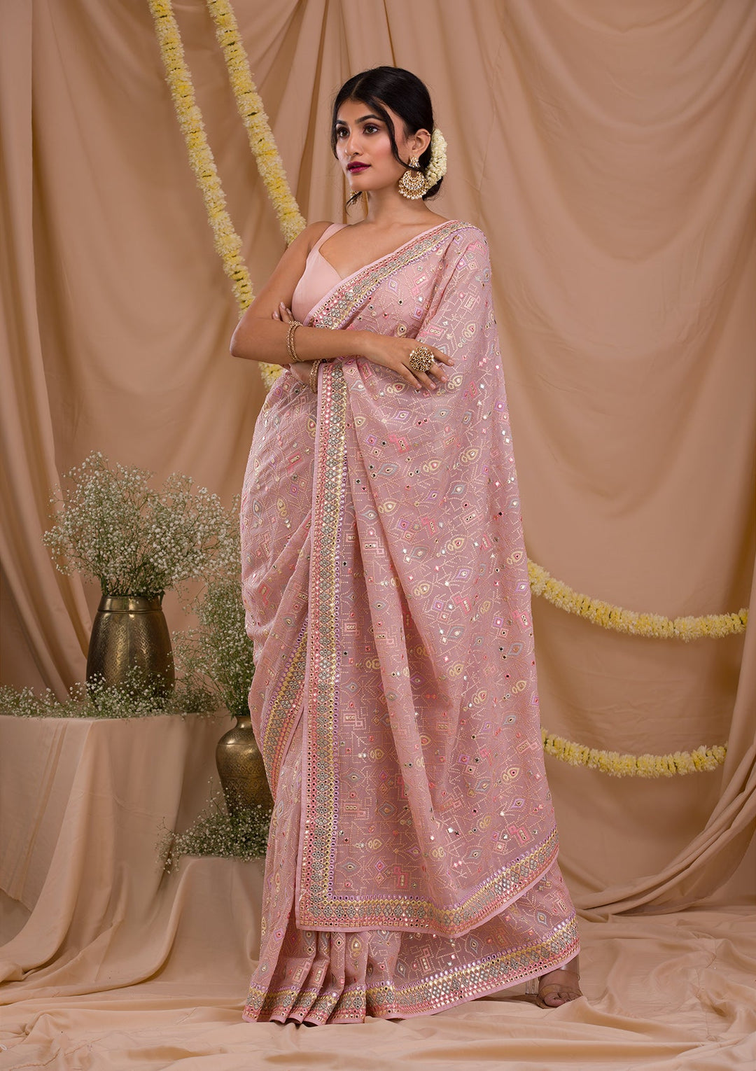 Peach Gotapatti Geogette Saree-Koskii