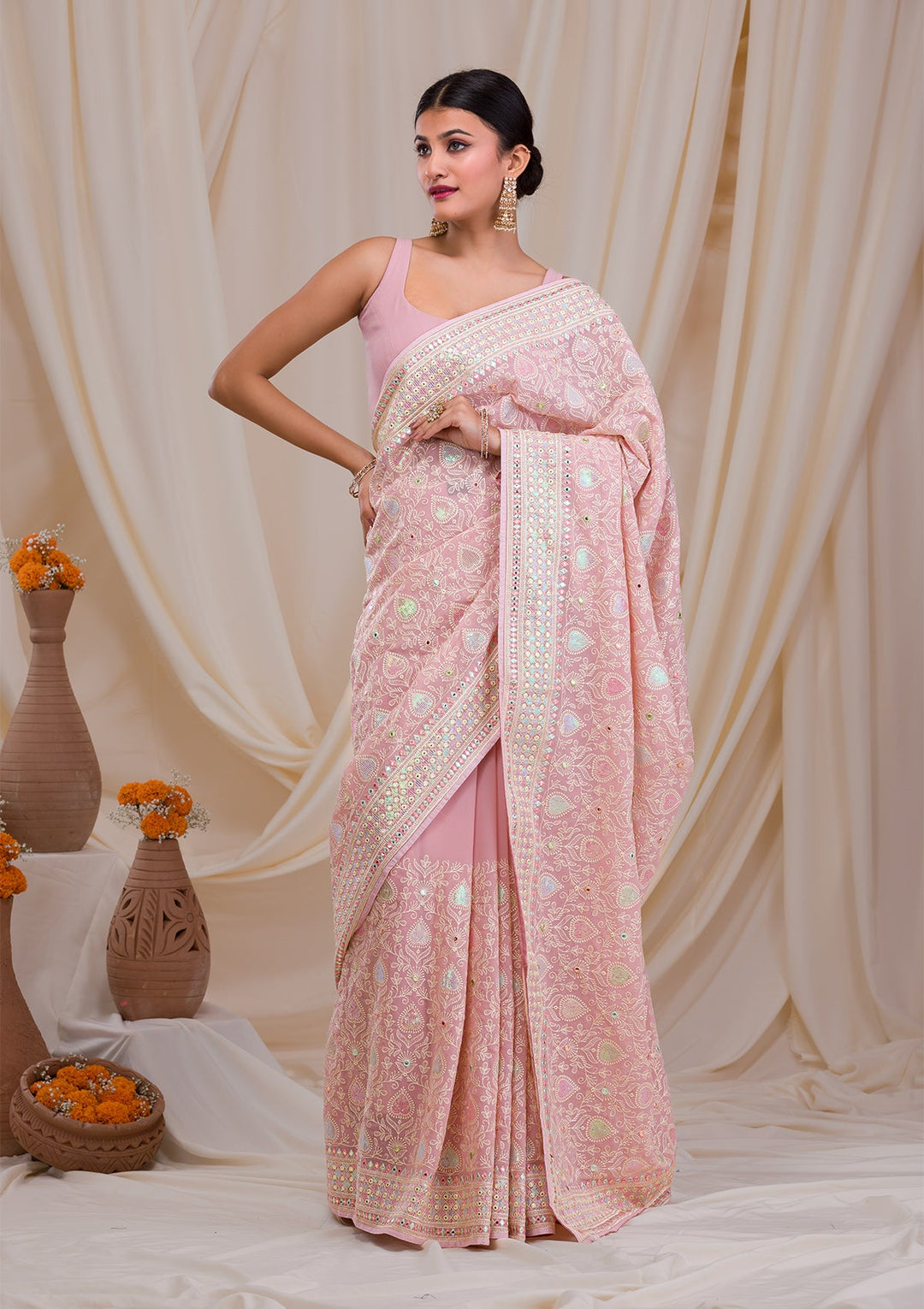 Peach Gotapatti Georgette Saree-Koskii