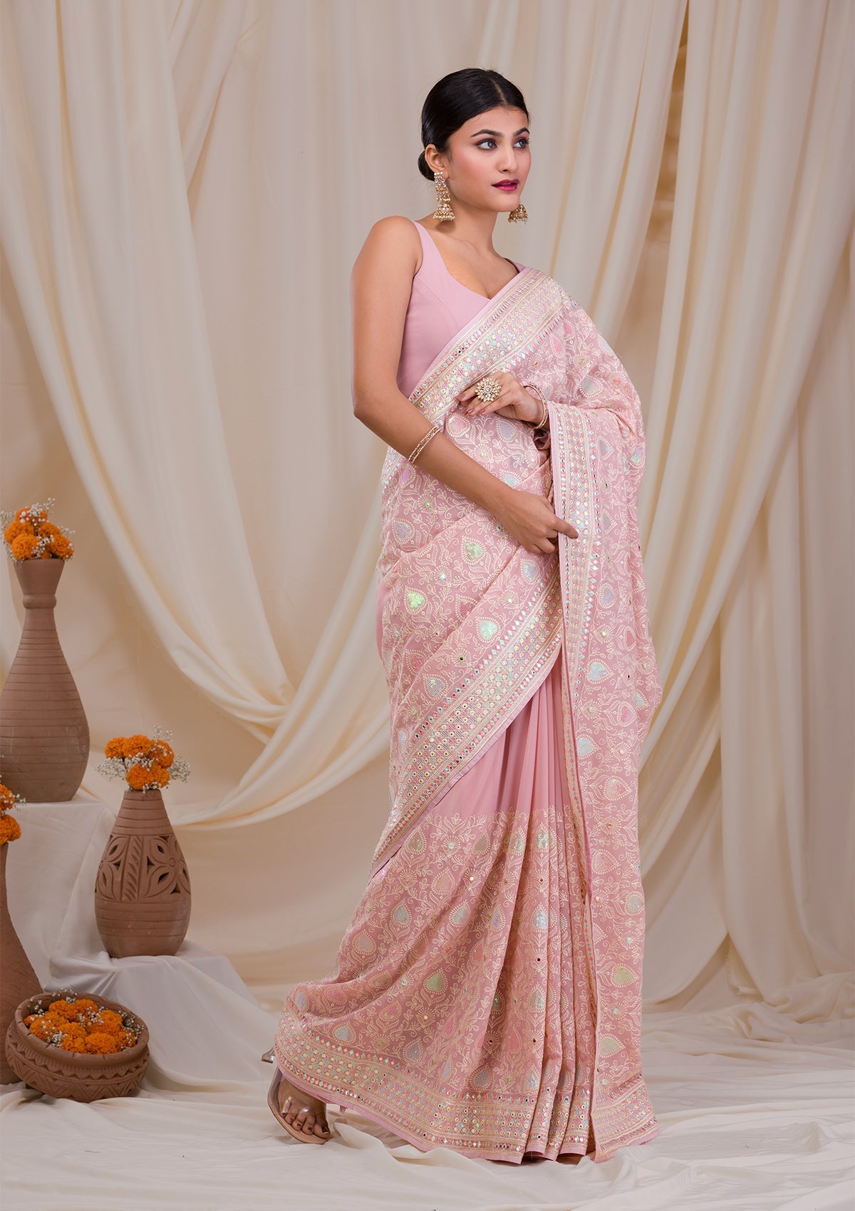 Peach Pink Sequins Work Organza Silk Soft Organza Saree Blouse Indian  Bollywood | eBay