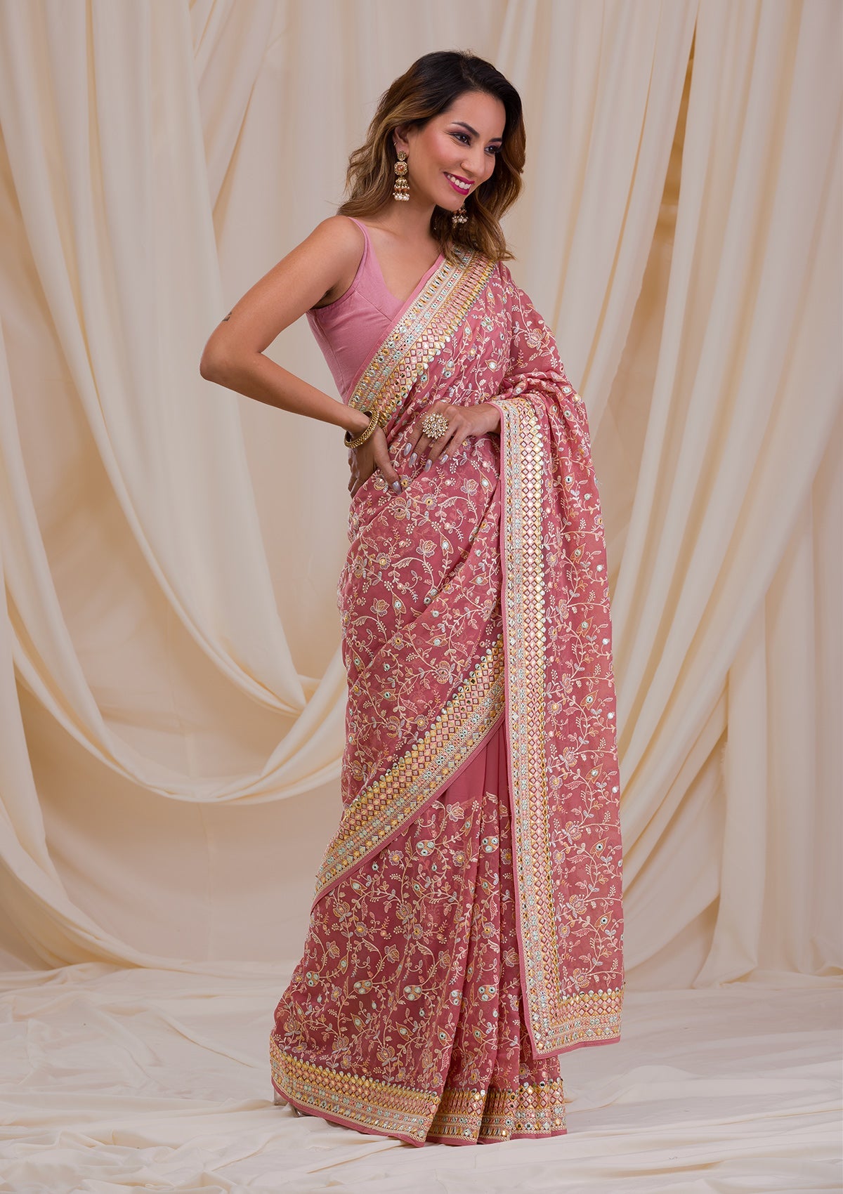 Peach Gotapatti Georgette Saree-Koskii