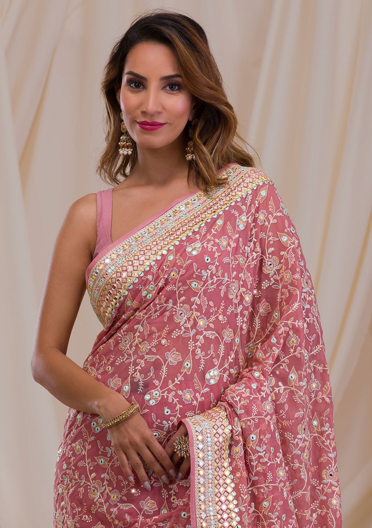 Peach Gotapatti Georgette Saree-Koskii