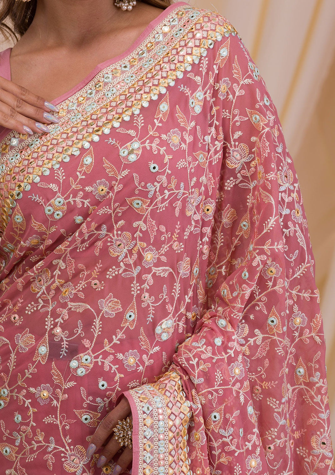 Peach Gotapatti Georgette Saree-Koskii