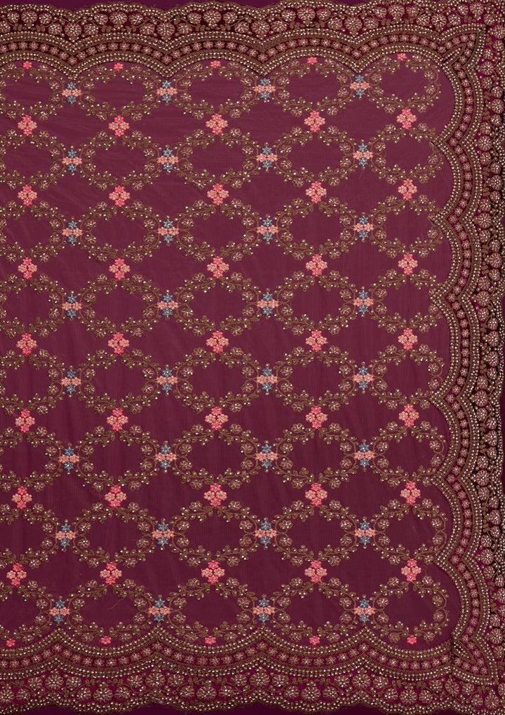 Peach Stonework Net Saree-Koskii