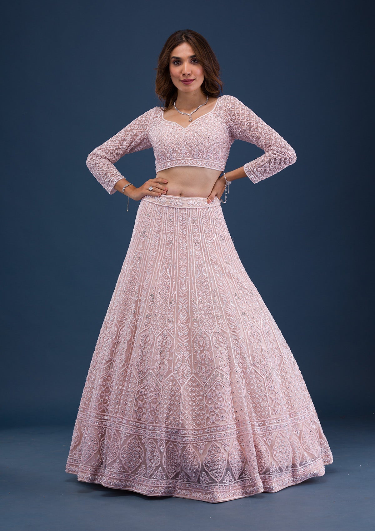 Peach Pearlwork Net Readymade Lehenga-Koskii