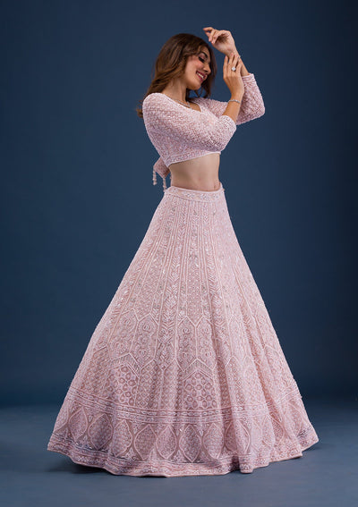 Peach Pearlwork Net Readymade Lehenga-Koskii