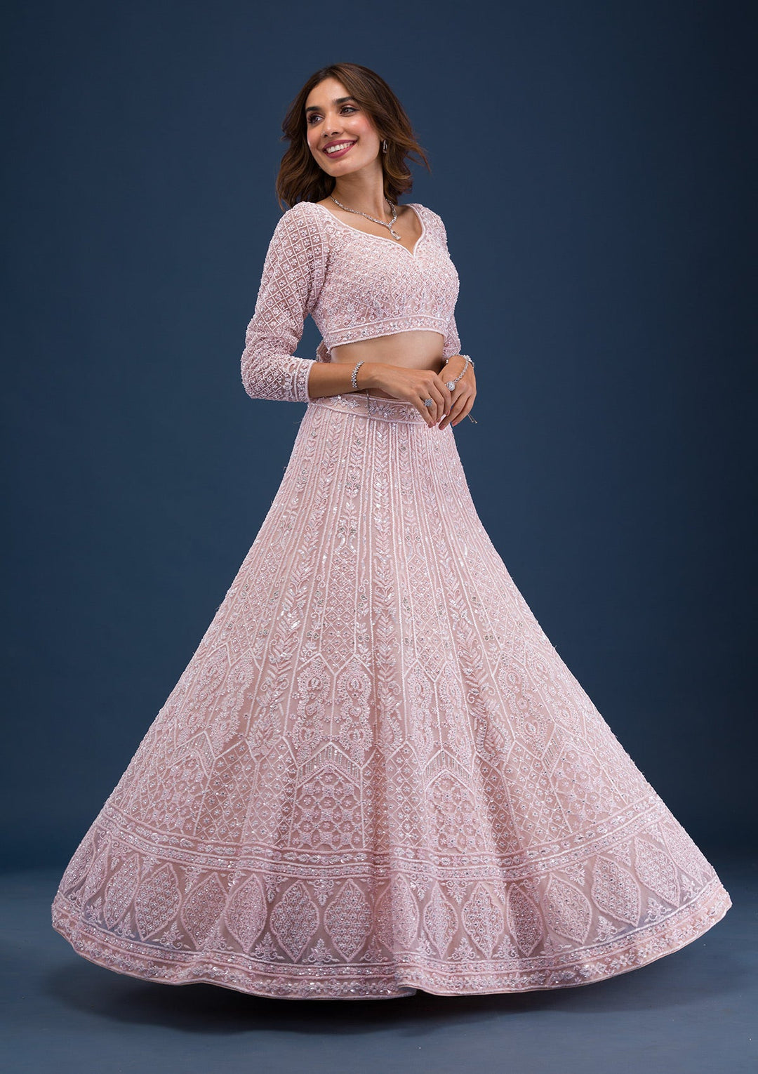 Peach Pearlwork Net Readymade Lehenga-Koskii